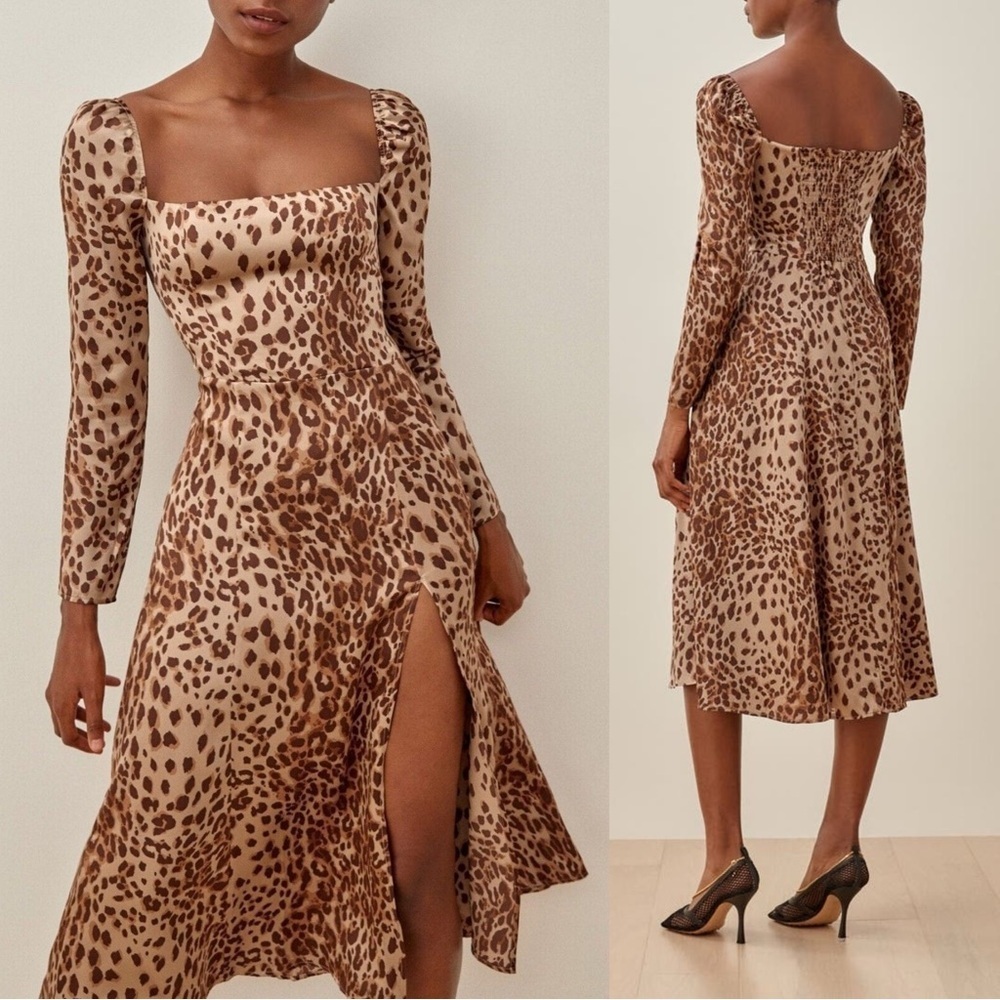 Reformation 100% Silk  Maryanne Leopard Print Square Neck Midi Dress 0